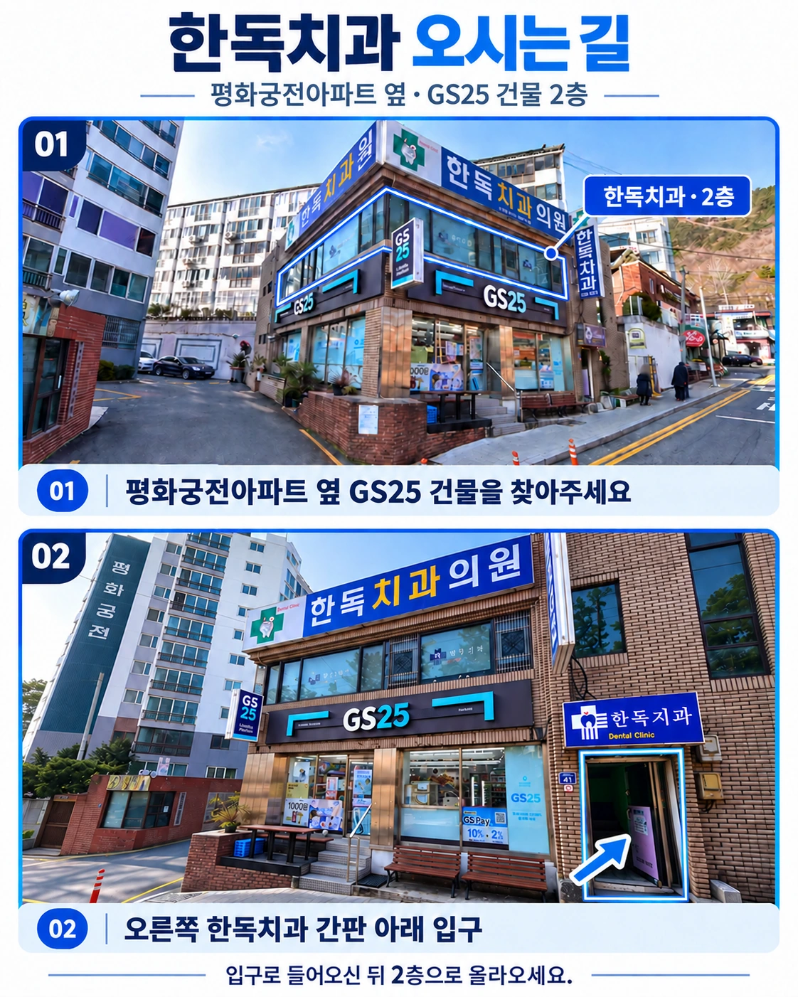 평화궁전아파트 옆 GS25 건물 2층 한독치과. GS25 오른쪽 한독치과 간판 아래 출입구로 들어오신 뒤 2층으로 올라오세요.